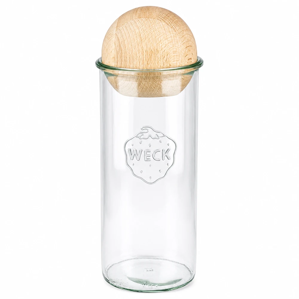 1500ml bocal conique WECK RR100 avec boule en bois en hêtre WECK Bocal 1500ml RR100 avec boule en bois de hêtre comme couvercle, bocal à provisions transparent pour la cuisine