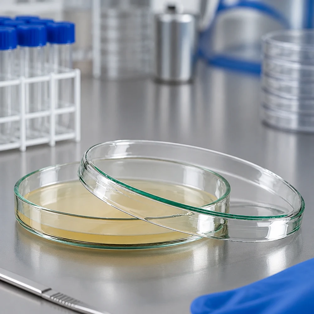 Boîte de Pétri en verre de 100 x 15 mm, ouverte, contenant un milieu d'agar, à côté de tubes à essai dans un laboratoire