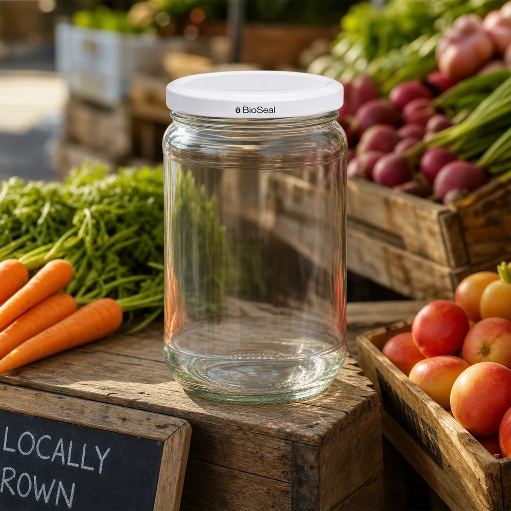 305ml Verre rond avec couvercle BioSeal blanc UNiTWIST UNiTWIST Runda305 Pot de conservation sur table en bois avec des légumes frais - parfait pour la récolte locale et le stockage