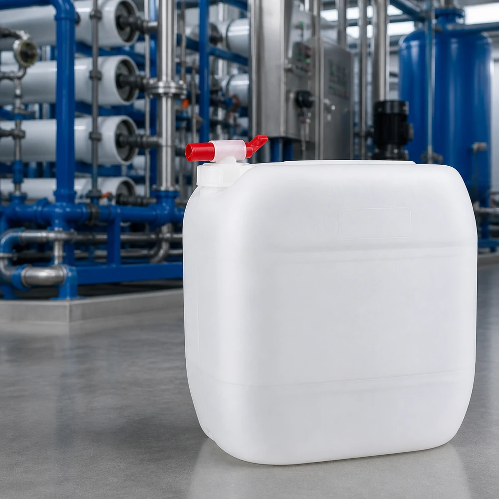 Bidon empilable en PEHD de 30 litres avec robinet, dans un environnement industriel moderne