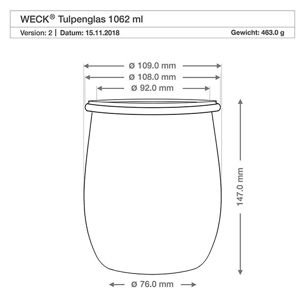 1062ml bocal tulipe WECK RR100 avec bouchon nature WECK Pot tulipe RR100 1062ml dessin technique avec dimensions diamètre hauteur 147mm poids 463g spécification