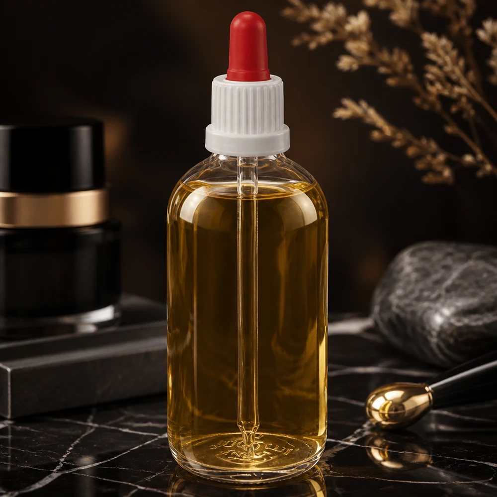 Flacon à pipette 100ml blanc/rouge OV ClearLine UT18/100 Huile de couleur jaune doré, conditionnée dans un flacon en verre ClearLine de 100 ml muni d'un bouchon à pipette blanc et d'une poire en caoutchouc rouge