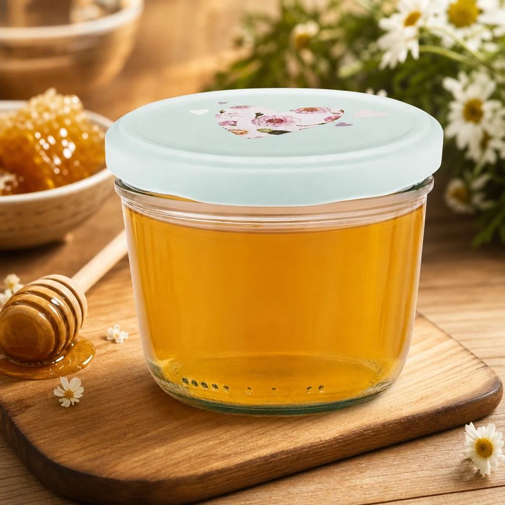 Verres de 230 ml + couvercle BasicSeal cur menthe UNiTWIST Miel en pot renversé de 230ml avec couvercle BasicSeal coeur menthe, pot de miel sur planche en bois avec cuillère à miel et fleurs