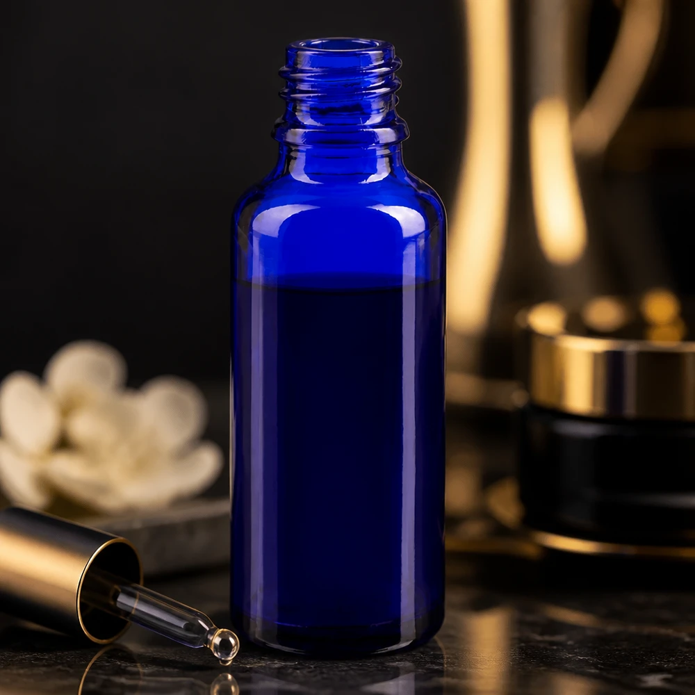 Flacon ApoGlas bleu de 30 ml avec pipette et touches dorées, présenté dans un emballage luxueux
