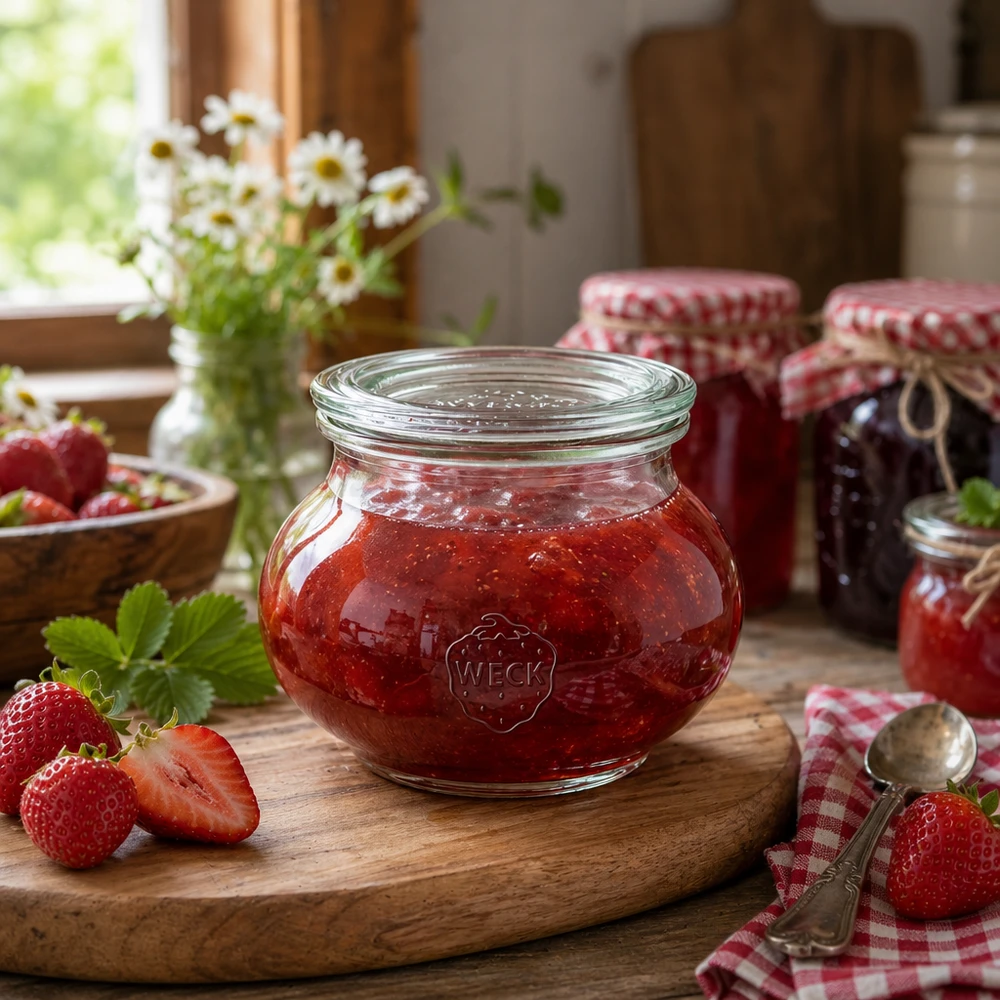 WECK Pot à bijoux 220ml rempli de confiture de fraise sur planche en bois cuisine rustique pot à conserves Exemple d'utilisation