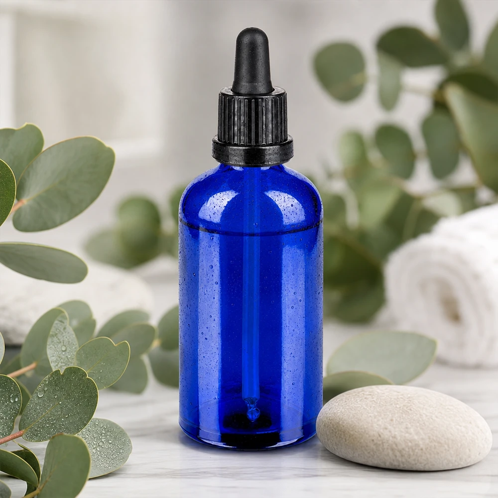 Flacon à pipette 100ml noir OV BlueLine UT18/100 Flacon doseur compact de 100 ml bleu foncé avec bouchon noir anti-fuite