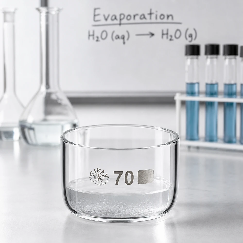 Coupelle de cristallisation 100 ml sans bec verseur Coupelle cylindrique plate en verre de 70 mm recouverte d'un précipité cristallin, devant des tubes à essai dans un laboratoire de chimie