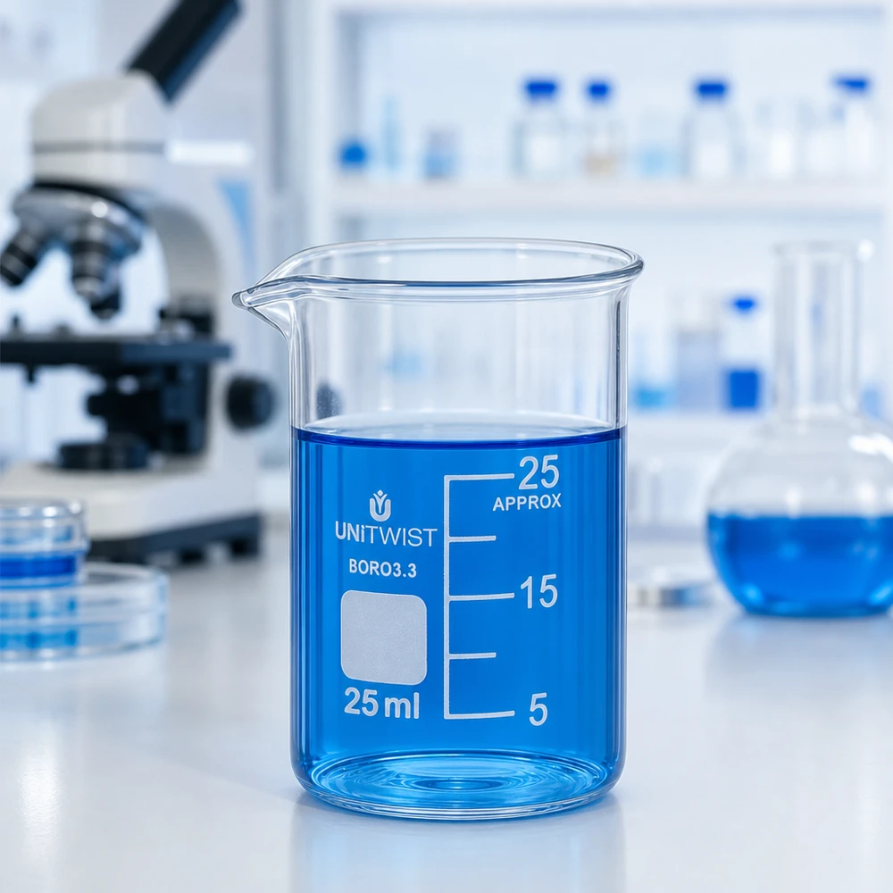 Bécher 25ml borosilicate, forme basse UNiTWIST Bécher bas en verre borosilicaté résistant à la chaleur, 25 ml, destiné aux applications de laboratoire chimique