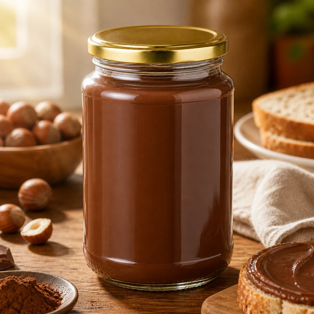 Bocal rond en verre de 320 ml + BasicSeal doré UNiTWIST Pot en verre rond UNiTWIST de 320 ml avec couvercle « twist-off » doré brillant et une crème onctueuse au chocolat et aux noisettes