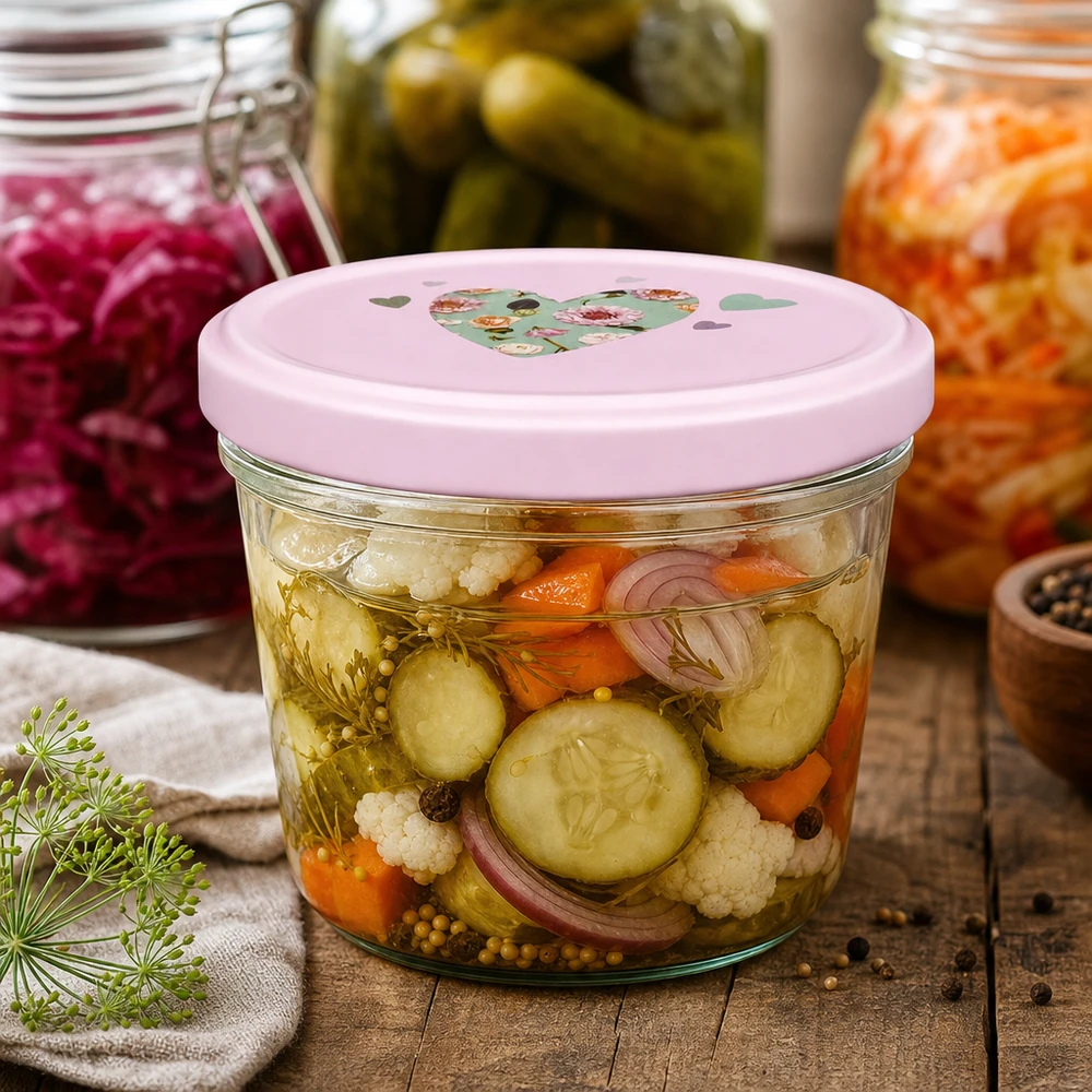 Verres de 230 ml + couvercle BasicSeal cur rose UNiTWIST Sturzglas 230ml mit rosa Herz-Deckel für eingelegtes Gemüse Mixed Pickles Gurken Karotten Blumenkohl fermentieren