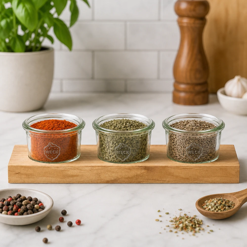 Planche de service Plano3 avec pots Weck de 80 ml pour épices et herbes aromatiques sur plan de travail de cuisine en marbre