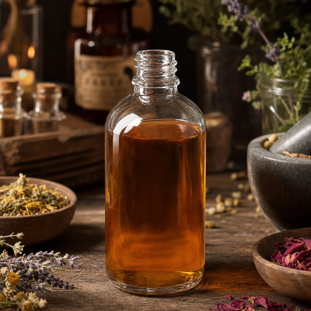 Flacon en verre transparent de 100 ml contenant un liquide ambré, entouré de fleurs séchées et de Morser
