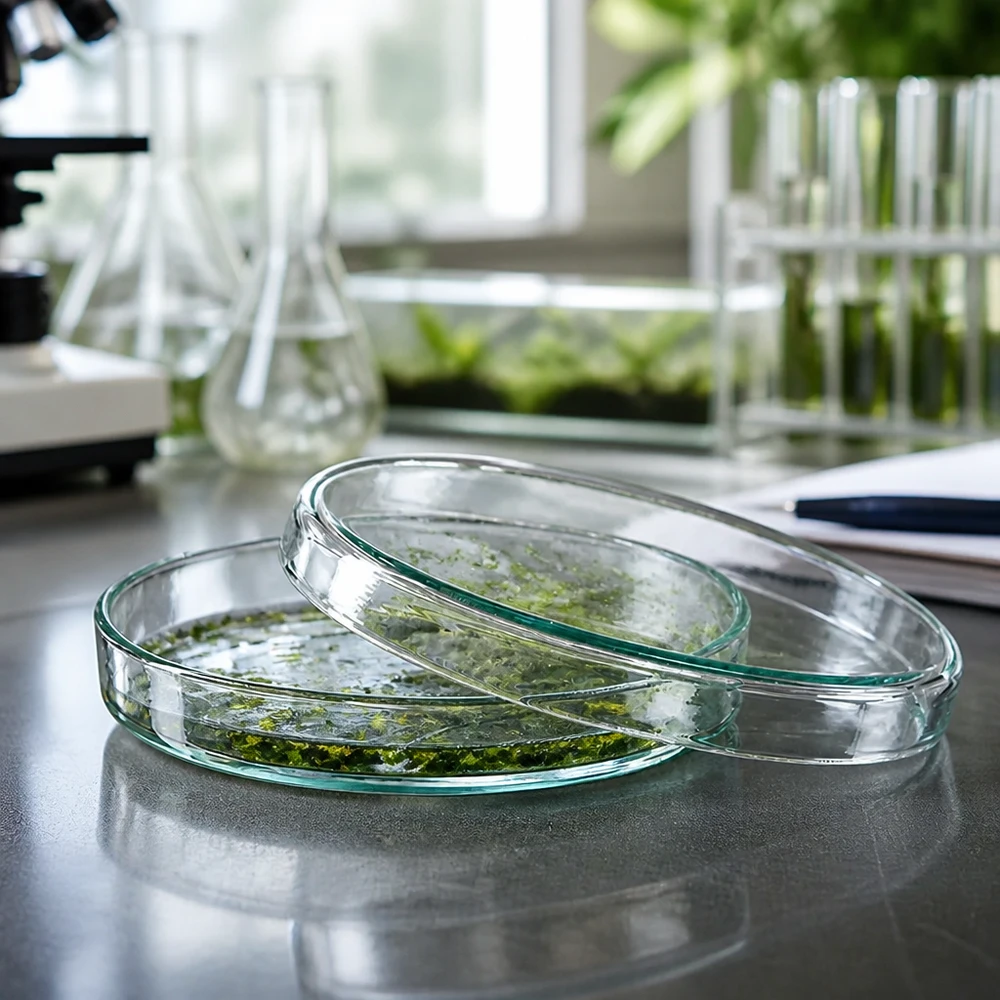 Boîtes de Pétri en verre transparent de 90 x 15 mm destinées à la recherche botanique, remplies de matériel végétal vert