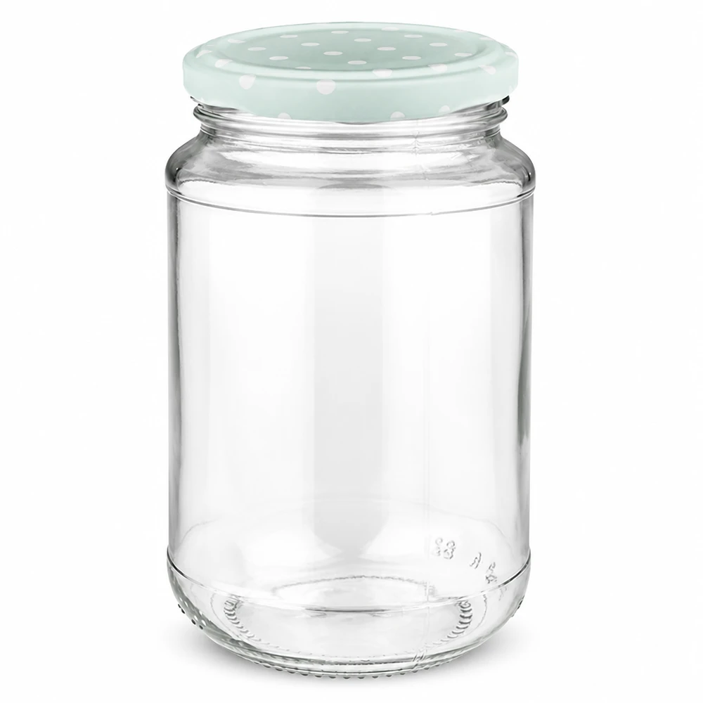 Bocal rond en verre de 320 ml + BasicSeal à pois menthe mat UNiTWIST Bocal rond transparent de 320 ml avec couvercle décoratif à pois, couleur menthe mate, à remplir