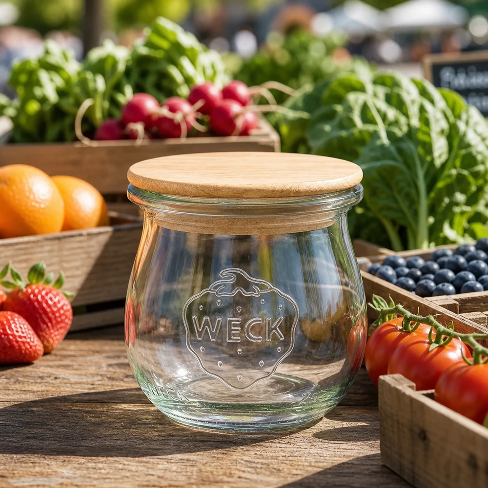 Pot tulipe 75ml WECK RR40 avec couvercle en bois WECK Tulpenglas 75ml mit Holzdeckel zwischen frischen Marktgemüse und Obst stilvolle Küchendeko Vorratsglas