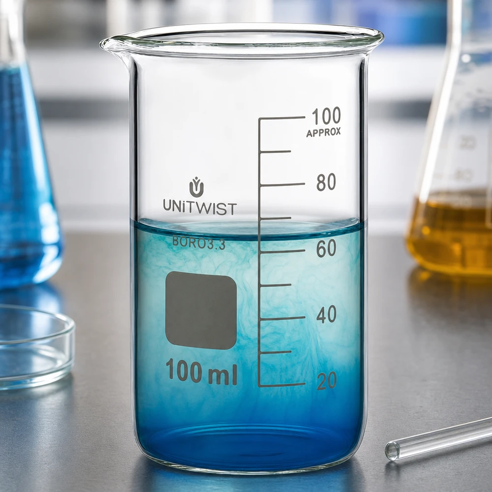 Bécher 100ml borosilicate, forme haute UNITWIST Récipient de laboratoire en verre borosilicaté de 100 ml, de forme haute, avec zone d'étiquetage et graduation en millilitres
