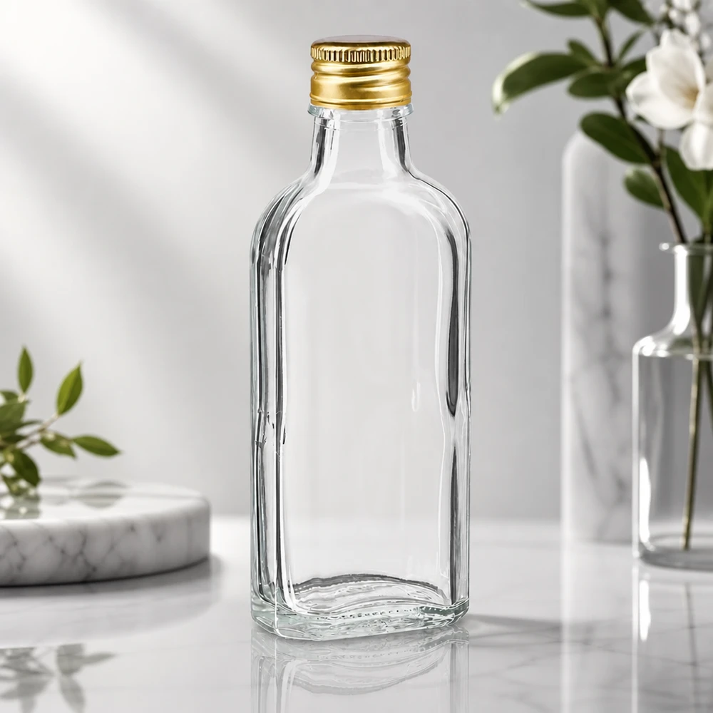 Flacon plat transparent de 100 ml en verre transparent avec bouchon doré PP22, destiné aux huiles et aux essences