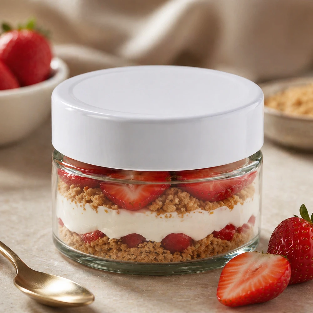 130ml Verre rond avec couvercle BasicSeal blanc UNiTWIST 130ml pot rond BasicSeal blanc rempli de dessert à la fraise dessert en couches - pot en verre pour des desserts sucrés