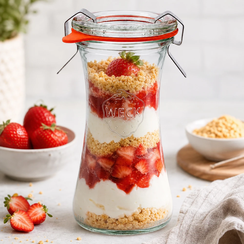 WECK Pot 100ml RR40 rempli de couches de dessert au yaourt et à la fraise montre la préparation créative de desserts dans un pot de conserve