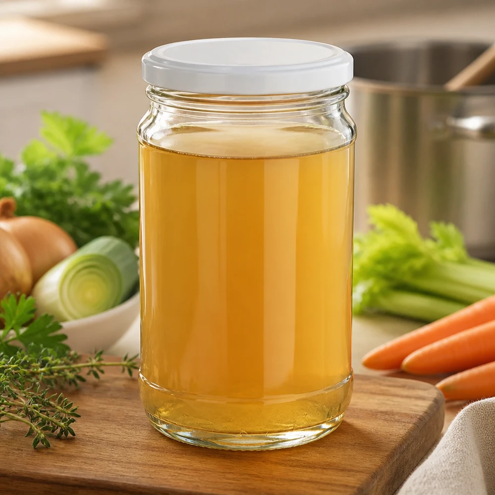 Bocal rond en verre de 370 ml + couvercle BasicSeal blanc UNiTWIST Bocal rond transparent de 370 ml de la marque UNiTWIST, muni d'un couvercle blanc à visser, pour le bouillon de poulet fait maison