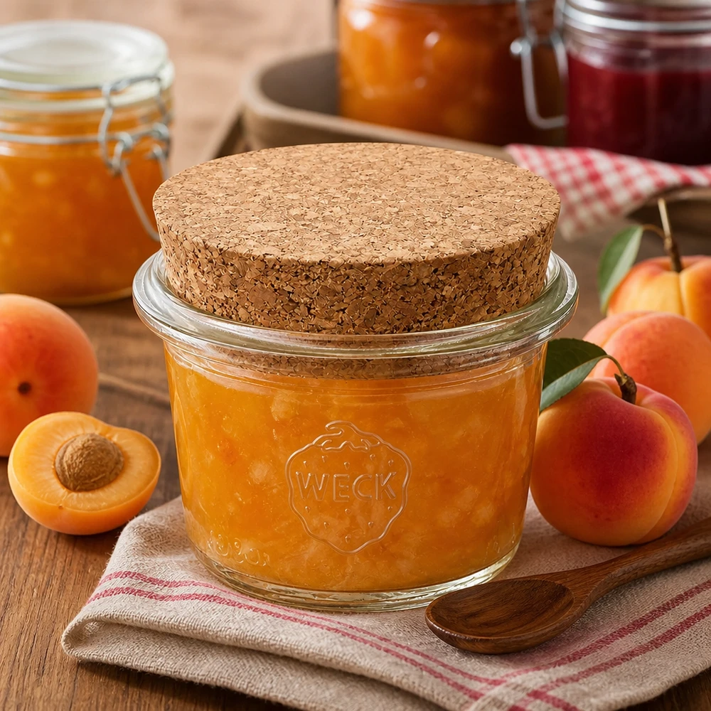 WECK Pot renversé 35ml RR40 Bouchon en liège rempli de confiture d'abricots à côté d'abricots frais sur une table en bois