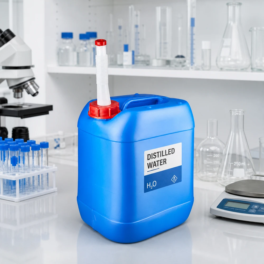 Bidon 20 litres bleu avec tube de vidange Flex Bidon bleu en PEHD de 20 L avec tube de remplissage flexible et bouchon rouge