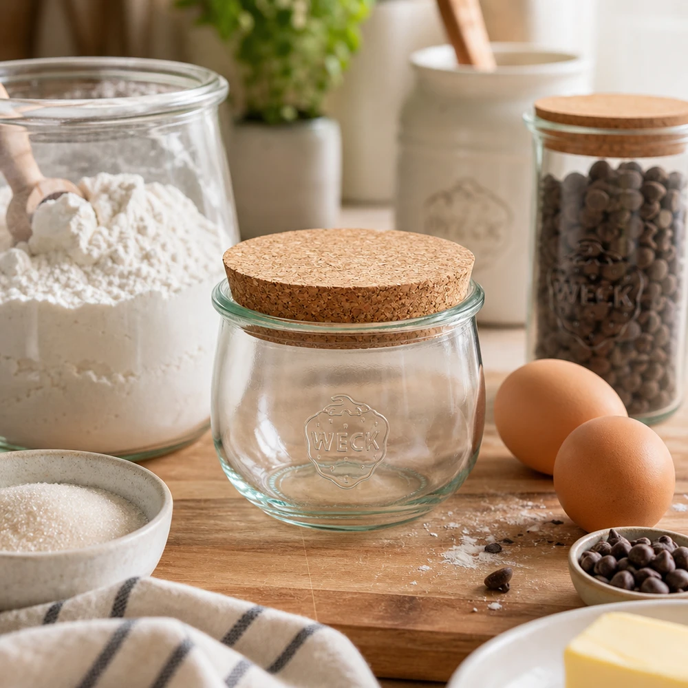 580ml bocal tulipe WECK RR100 avec bouchon nature WECK Pot tulipe 580ml RR100 avec couvercle en liège sur planche en bois entouré d'ingrédients de cuisson farine œufs et épices Décoration de cuisine