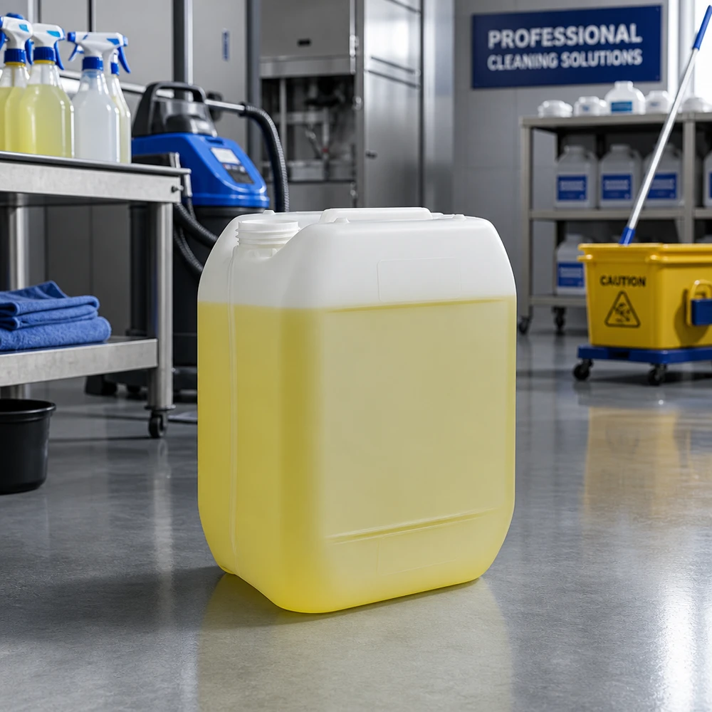 Bidon en plastique transparent de 10 litres contenant un produit jaune destiné aux solutions de nettoyage professionnelles
