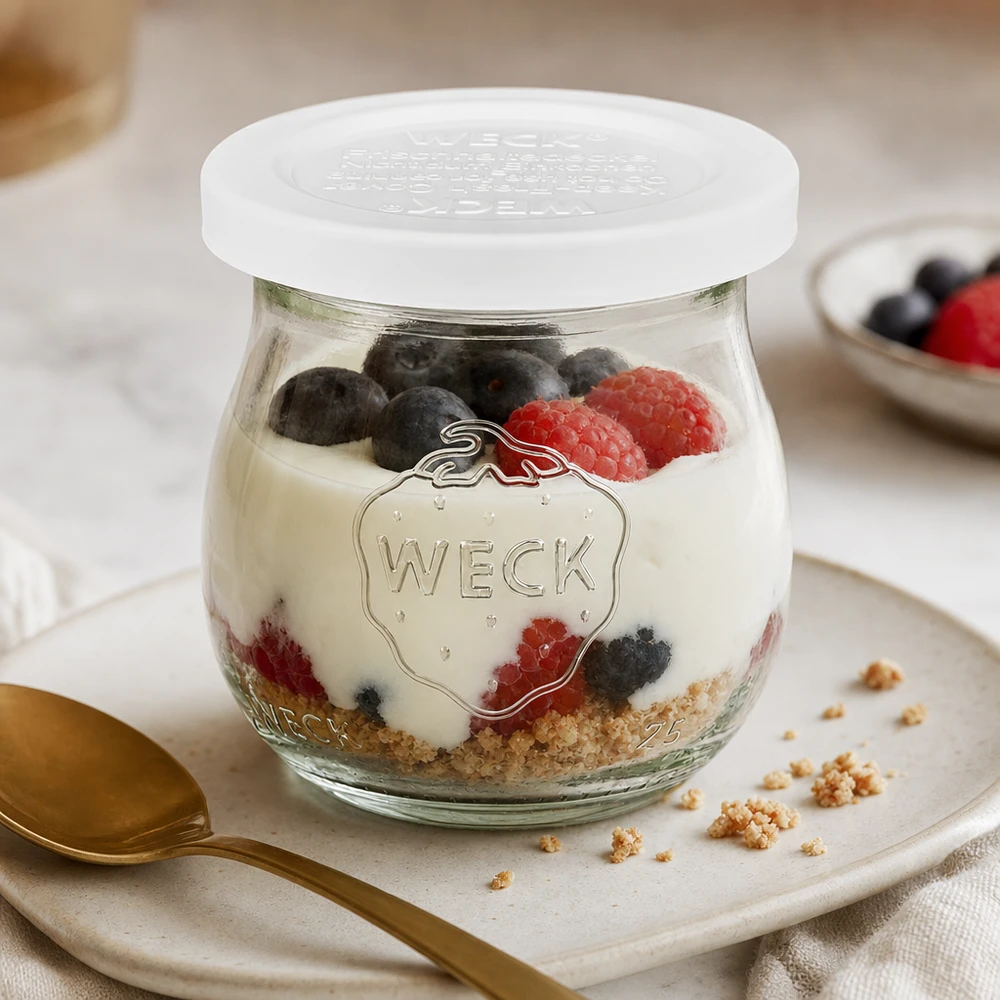 WECK Pot tulipe 75ml RR40 avec baies de yaourt et granola comme dessert sur assiette blanche avec cuillère dorée