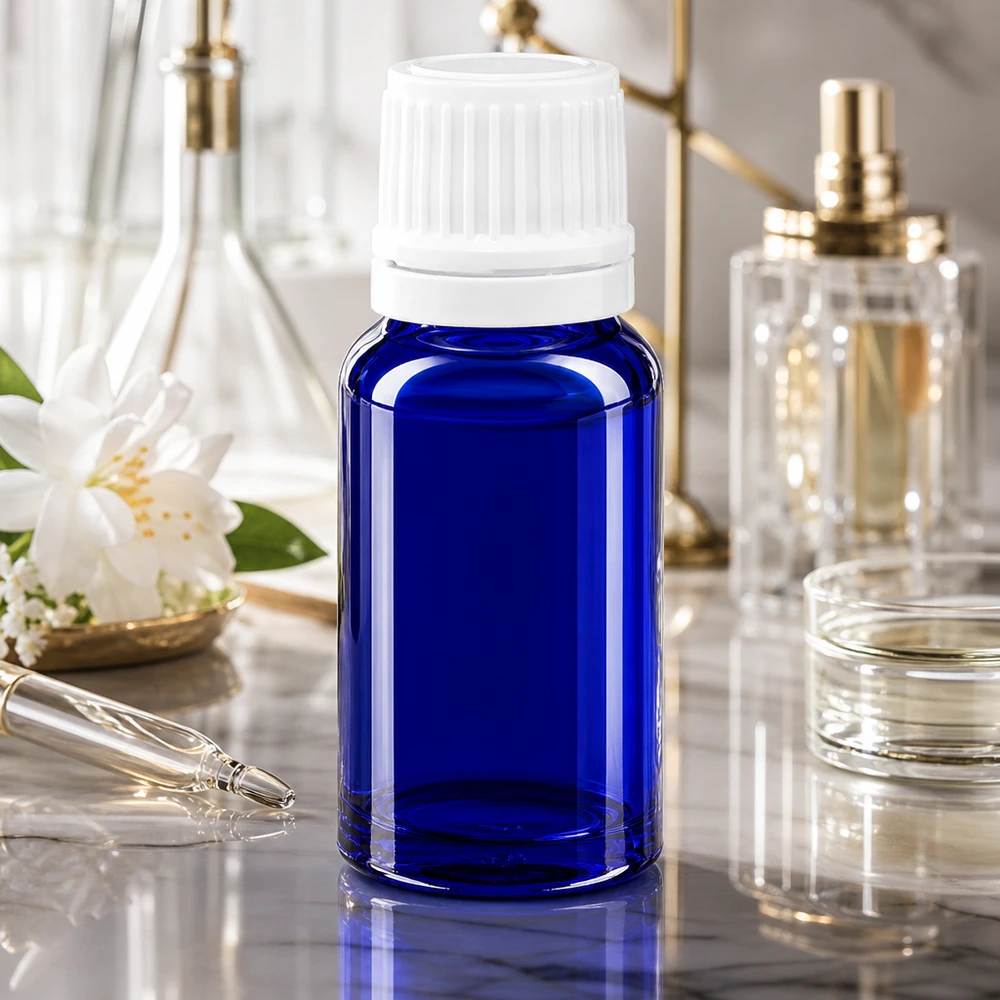 Flacon de 10 ml en verre bleu cobalt avec protection UV et compte-gouttes de 0,7 mm pour huiles essentielles