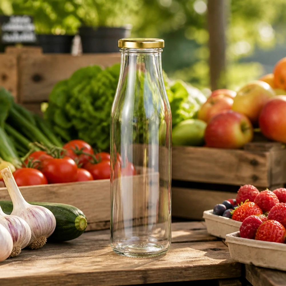 Bouteille en verre 500ml vide BasicSeal couvercle doré entre fruits frais légumes sur table en bois stand de marché Ambiente