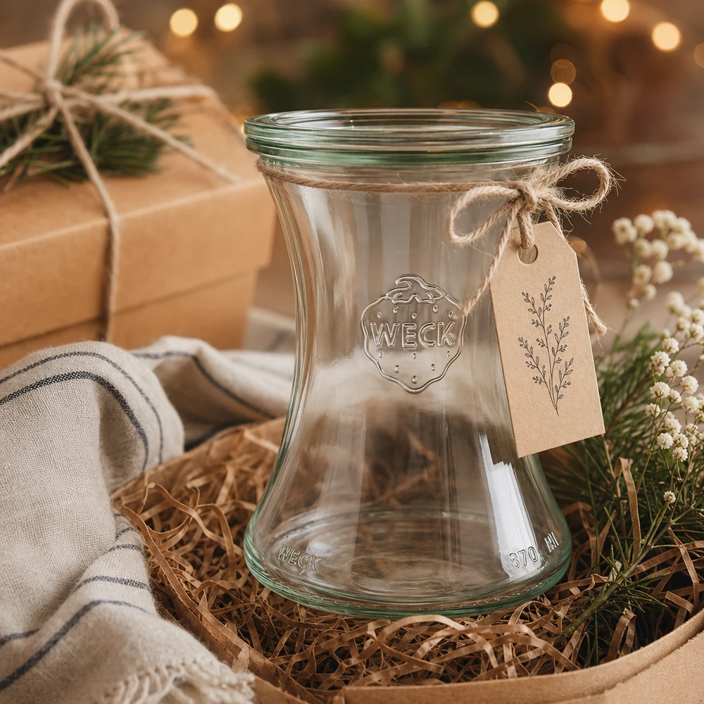 Bocal en verre de 370 ml avec couvercle en verre WECK RR80 WECK Pot à délicatesse 370ml RR80 comme cadeau avec un pendentif en papier kraft dans une décoration de Noël rustique