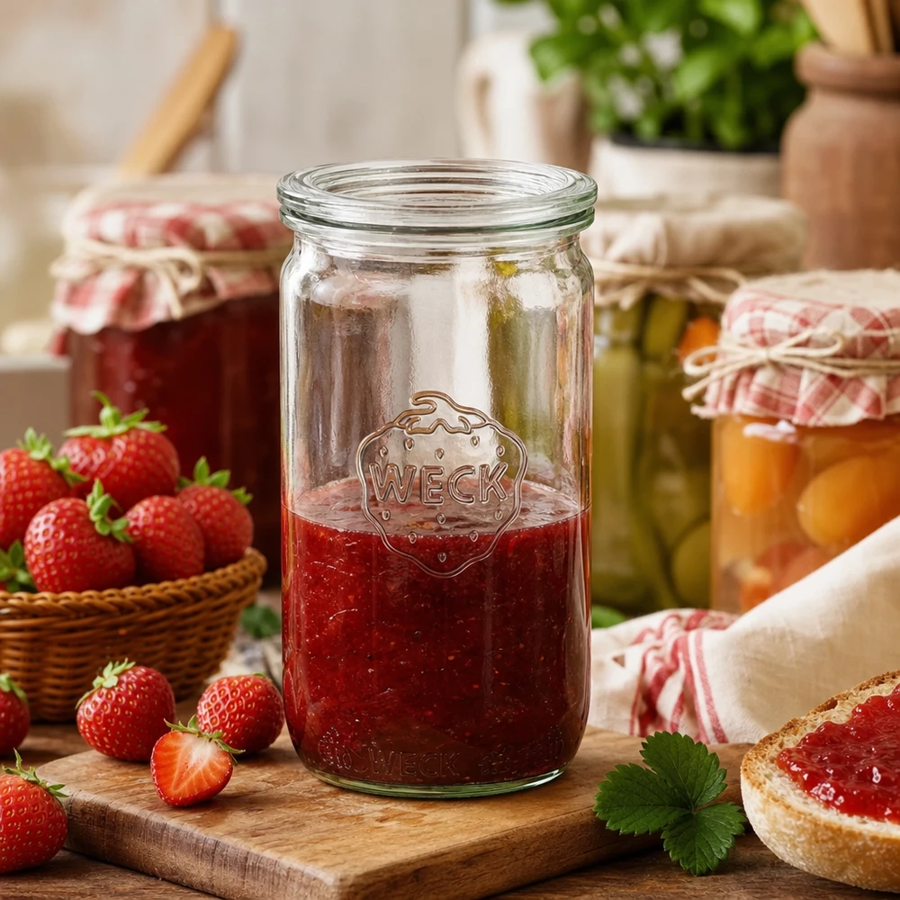 WECK Pot cylindrique de 340ml RR60 rempli de confiture de fraises dans une cuisine rustique avec des fraises fraîches et du pain