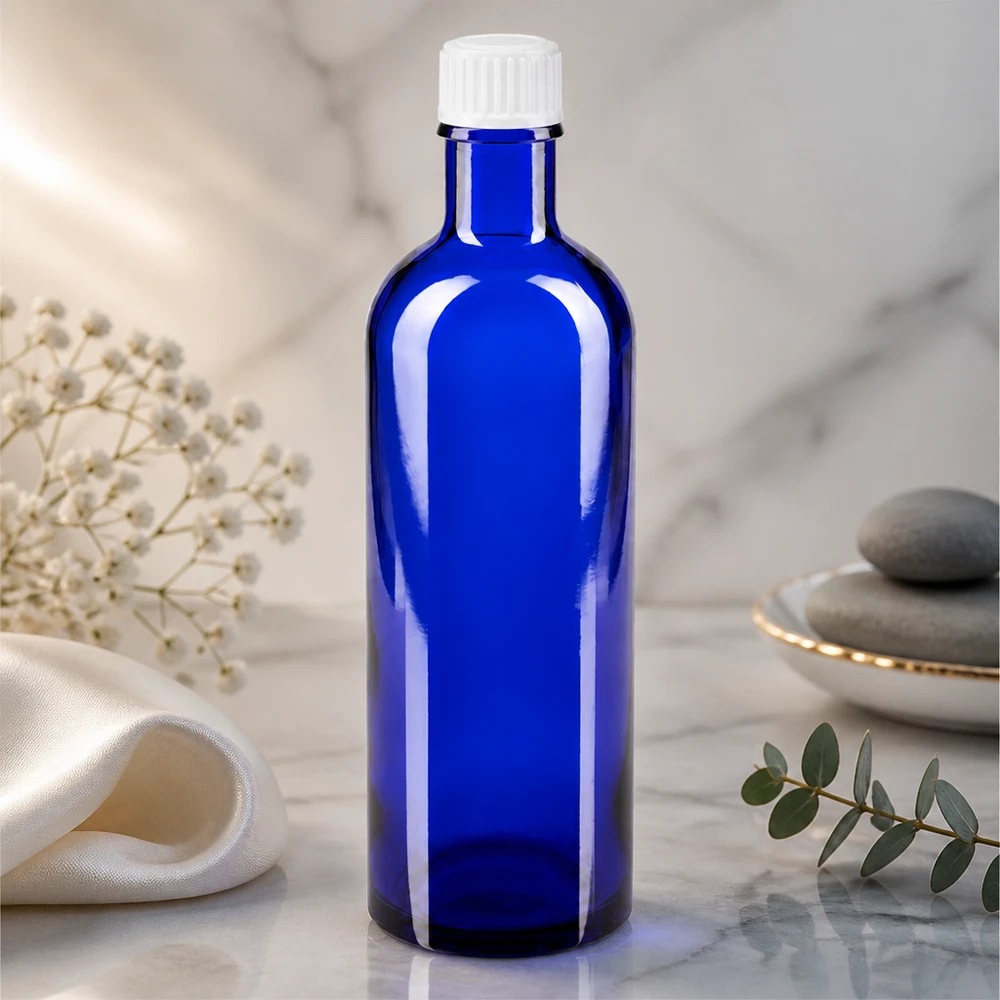 Flacon de pharmacie bleu 200ml bouchon vissable blanc standart Flacon médical de 200 ml en verre bleu anti-UV avec bouchon à vis blanc