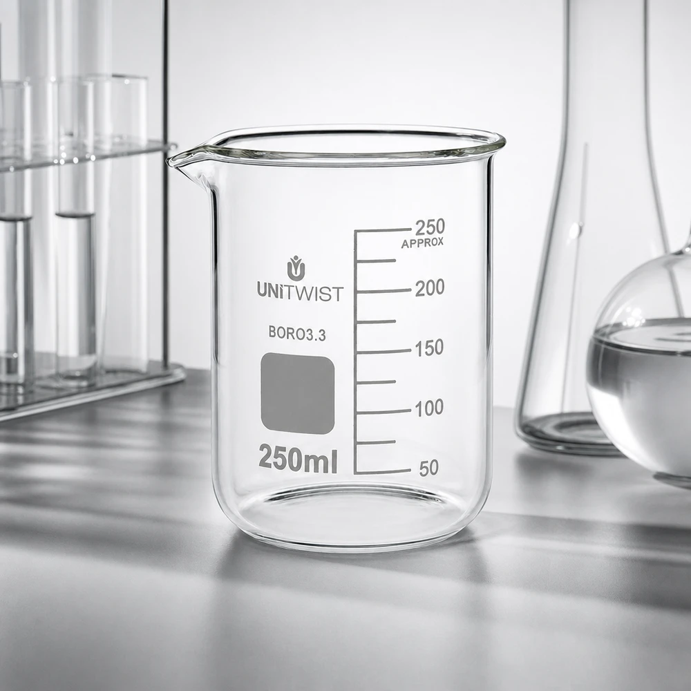 Bécher 250ml borosilicate, forme basse UNiTWIST Verre à bec en verre transparent de 250 ml UNiTWIST BORO3.3 avec graduation en millilitres blanche, destiné à un usage en laboratoire