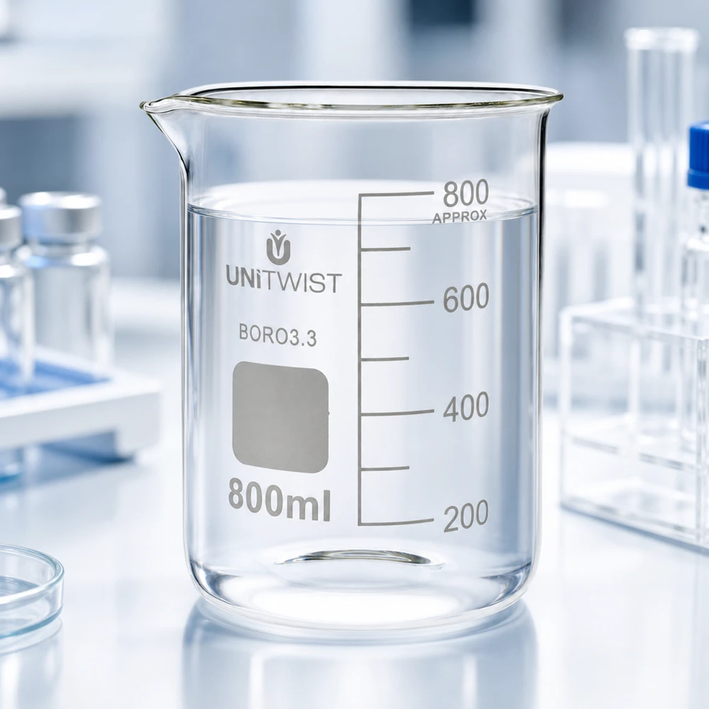 Bécher 800ml borosilicate, forme basse UNiTWIST Bécher de laboratoire en verre transparent de 800 ml, modèle UNiTWIST BORO3.3, de forme basse, entouré d'ustensiles de laboratoire