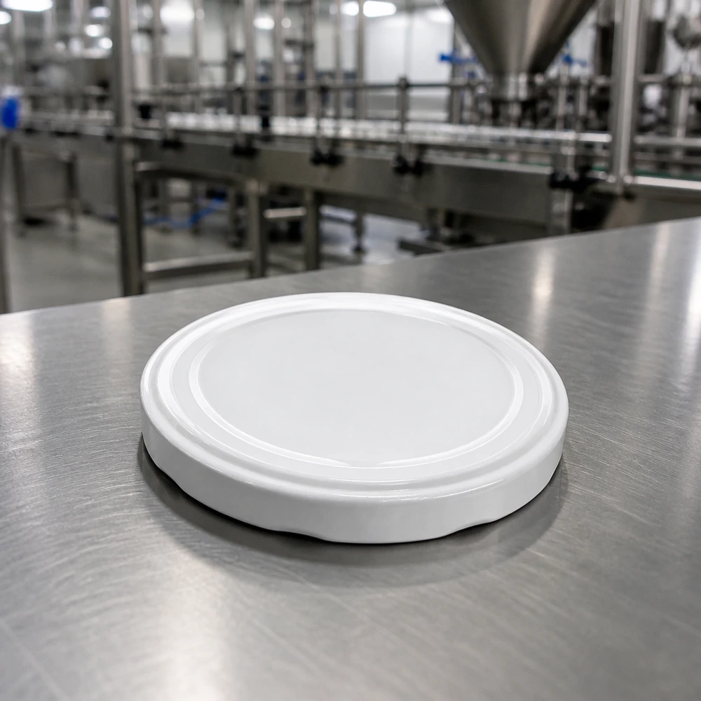 Couvercle à vis blanc et rond TO63 BioSeal BPA-NI unitemp sur fond d'une ligne de remplissage
