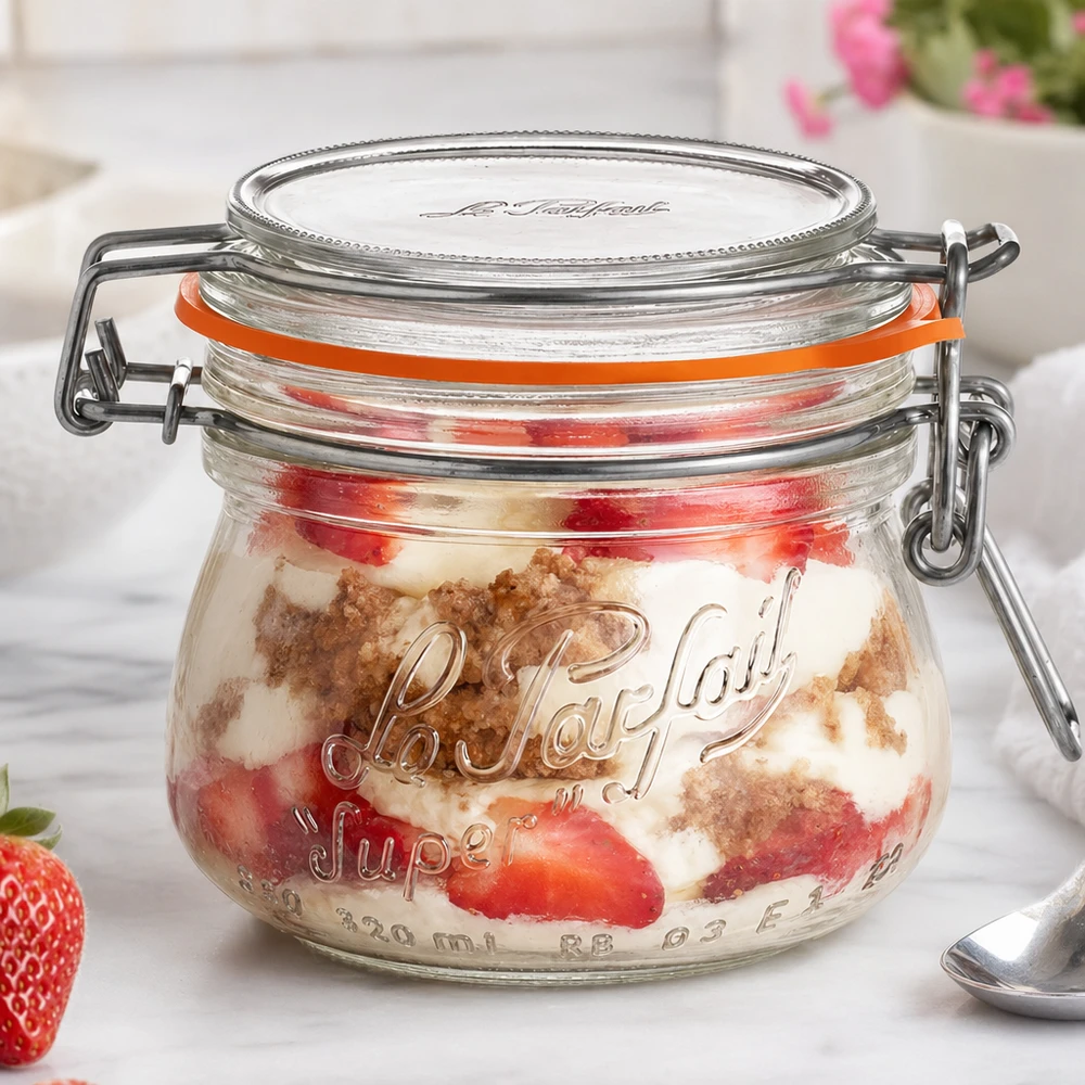 Bocal Le Parfait® 250 ml Ø70 mm conserve 250ml Le Parfait Super pot à provisions avec fermeture à étrier rempli de fraises et de dessert sur une surface blanche