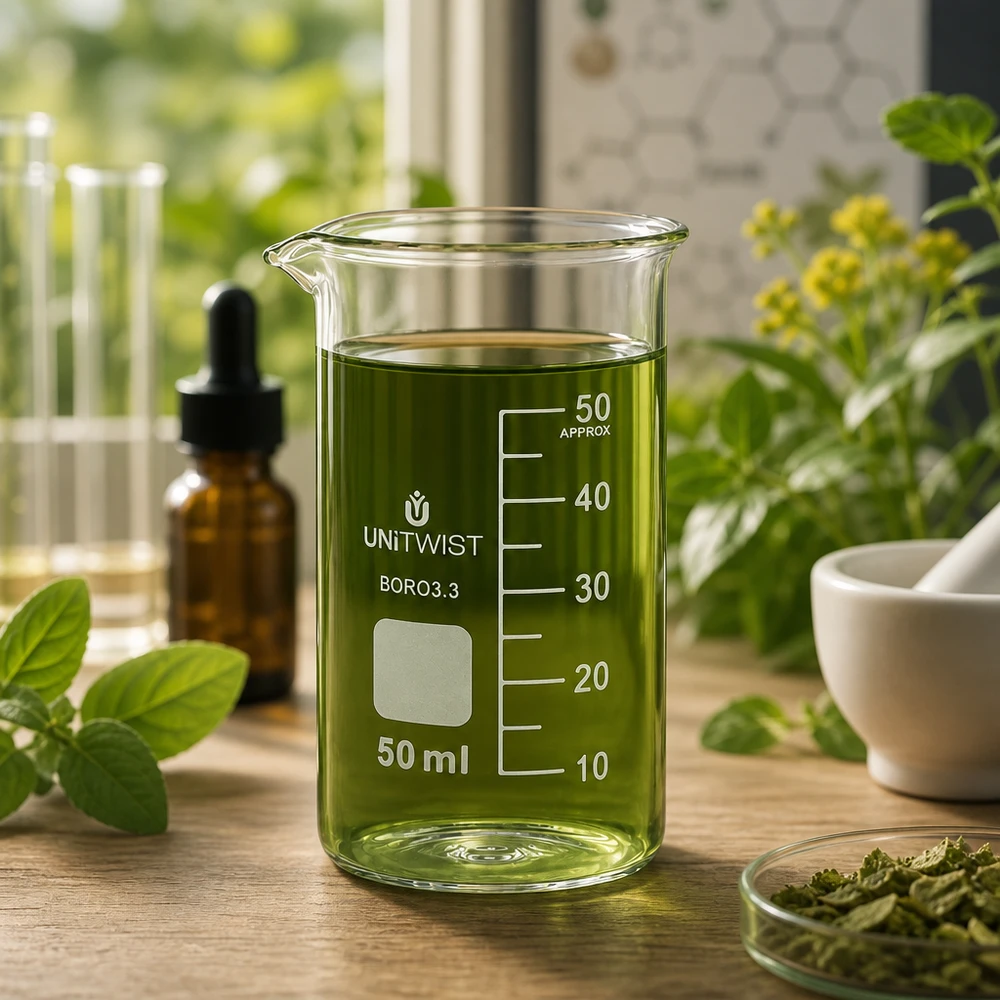 Verre à bec 50 ml UNITWIST, modèle haut, pour l'extraction d'herbes, avec flacon compte-gouttes et plantes médicinales