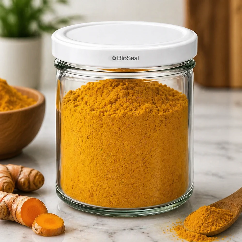 167ml Verre conique avec couvercle BioSeal blanc UNiTWIST UNiTWIST 167ml Bocal en verre à pied avec couvercle BioSeal rempli de poudre de curcuma Conservation des épices Scène de cuisine