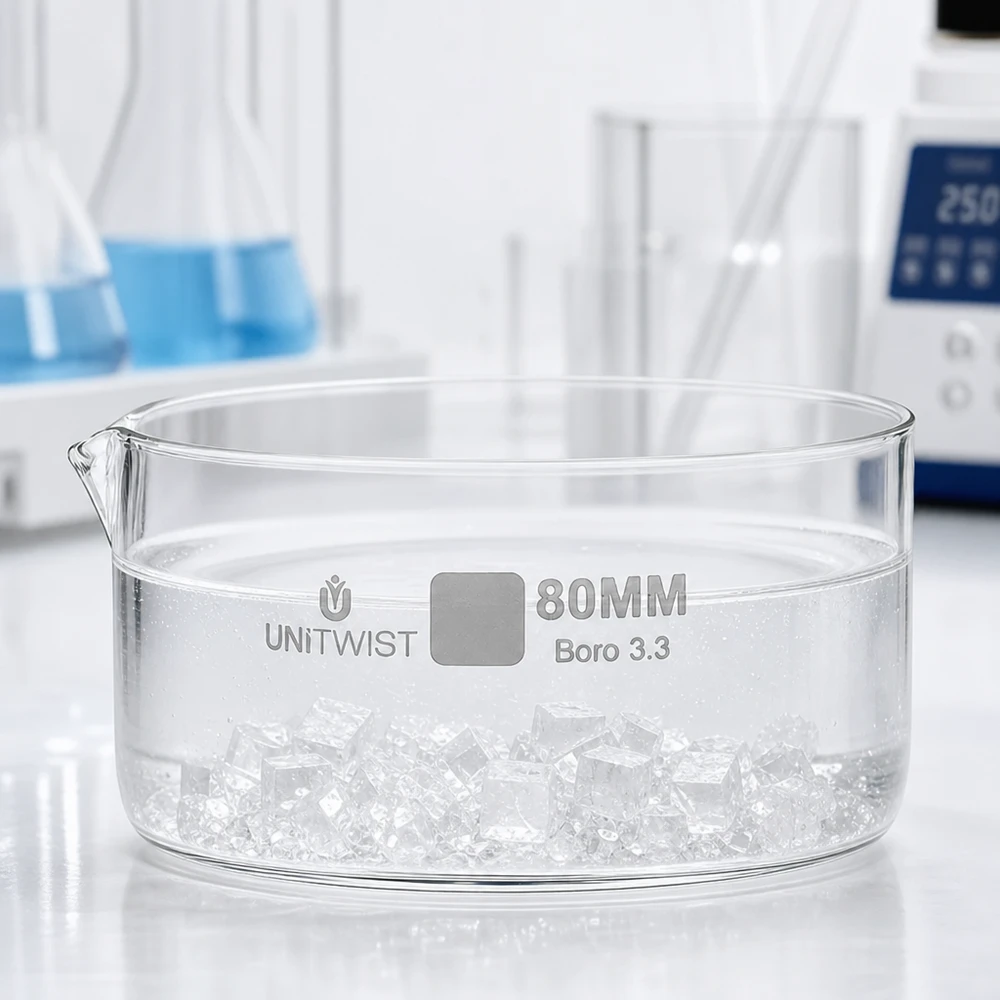 Coupelle de cristallisation Boro 3.3 UNiTWIST 80 mm remplie de substances cristallines