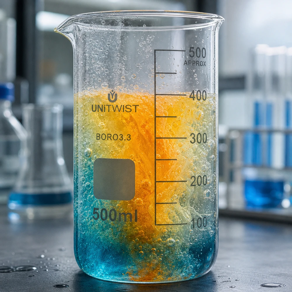Bécher haut de 500 ml en verre borosilicaté présentant une réaction chromatique multicouche en laboratoire