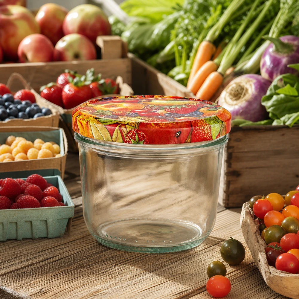 230ml Verre conique avec couvercle BasicSeal décor fruits UNiTWIST Verre renversé de 230 ml avec couvercle BasicSeal à décor de fruits sur table en bois entouré de légumes frais et de baies du jardin