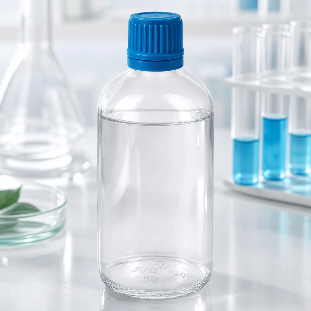Flacon 100ml 11mm SV bleu OV ClearLine UT18/100 Flacon de laboratoire transparent ClearLine de 100 ml avec bouchon d'inviolabilité bleu OV, destiné à un usage en laboratoire
