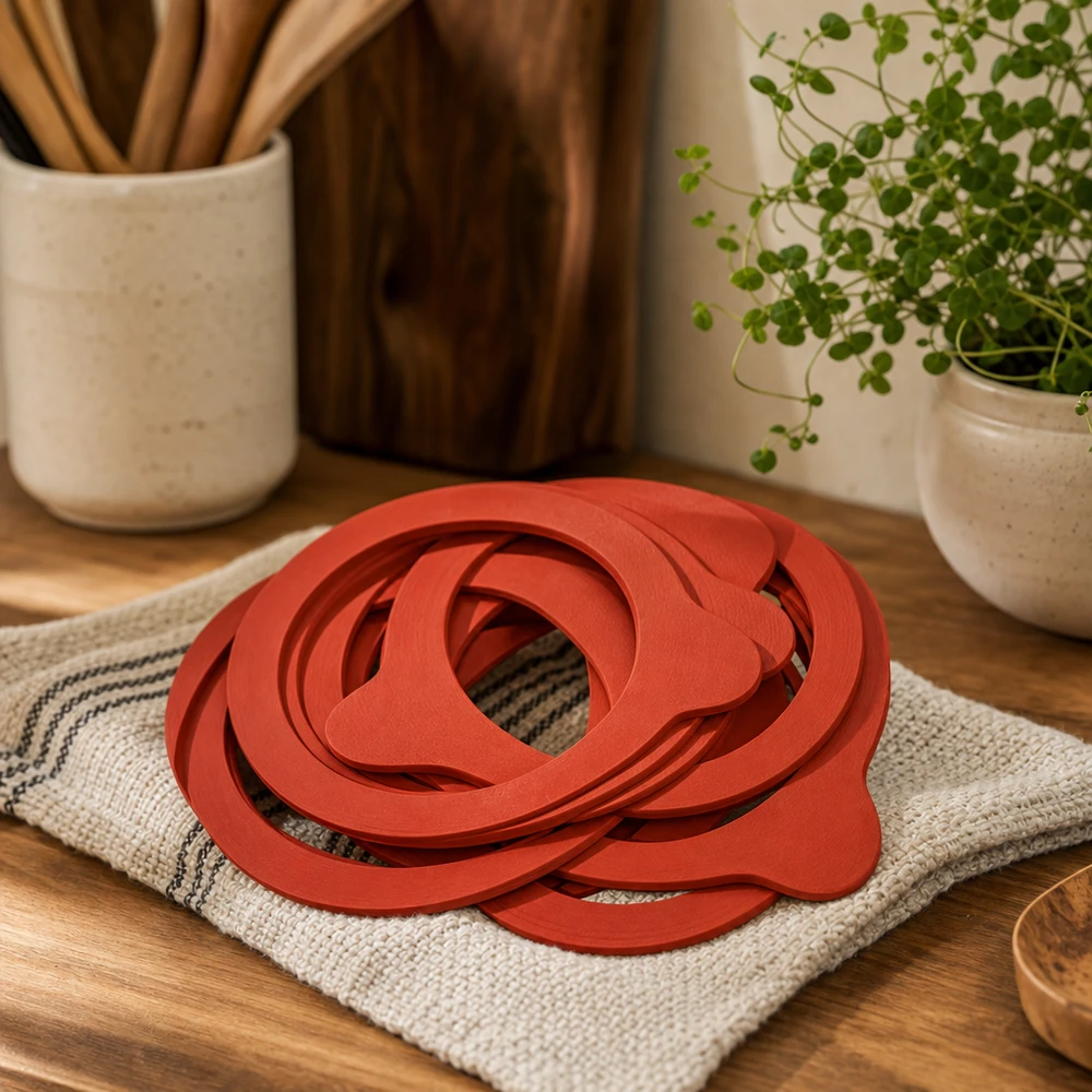 Anneaux de mise en conserve rouges RR100 en caoutchouc naturel sur un torchon de cuisine dans un environnement de cuisine confortable avec des ustensiles en bois