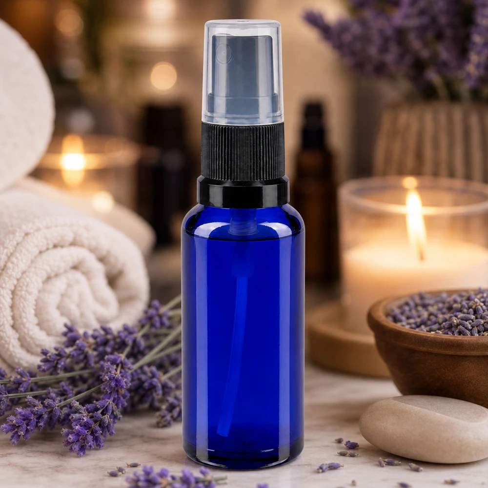 Petit flacon vaporisateur en verre bleu de 30 ml avec bouchon transparent, dans un cadre d'aromathérapie de spa