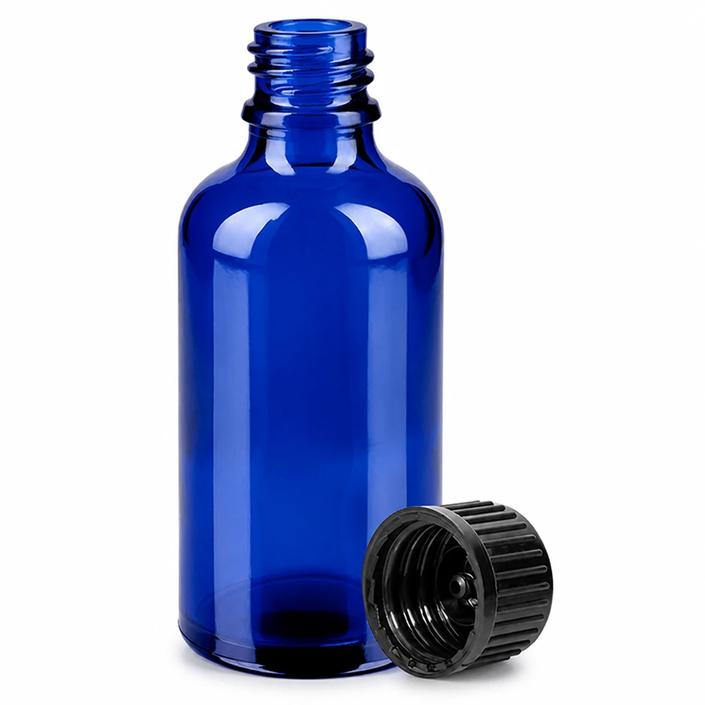 Flacon 50ml 11mm SV noir OV BlueLine UT18/50 Petit flacon de 50 ml d'un bleu élégant avec bouchon à visser noir à l'épreuve des enfants