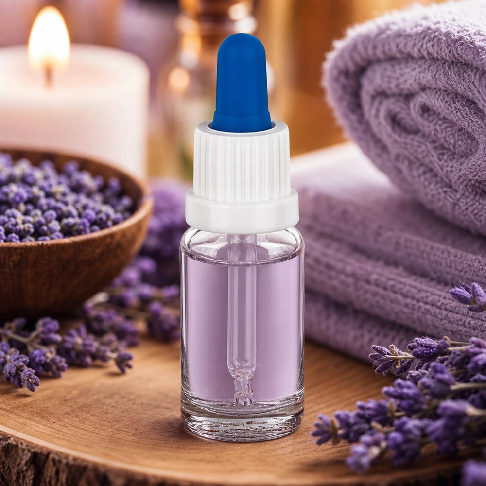 Flacon-pipette de 10 ml rempli d'huile de lavande, posé sur un socle en bois orné de fleurs de lavande et d'une bougie