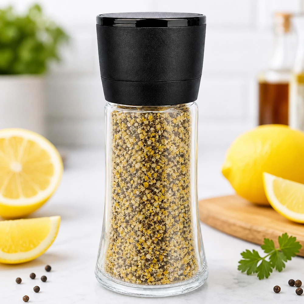 Pot à sel/épices 95 ml avec moulin Vario noir Mélange d'épices « poivre au citron » dans un moulin en verre de 95 ml équipé d'un mécanisme de broyage Vario noir sur socle en marbre
