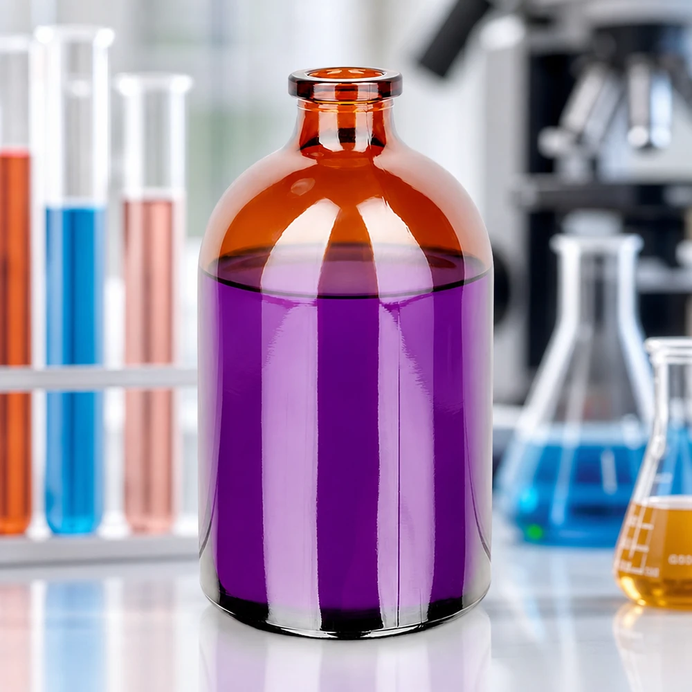 Flacon pour solution injectable, 100 ml en verre ambré 100ml Injektionsflasche Braunglas zur sterilen Medikamentenaufbewahrung in professioneller Laborumgebung
